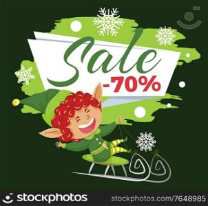 Promotional banner with elf. 70 percent sale proposition from store. Smiling xmas character riding sleigh. Laughing leprechaun. Snowflakes and calligraphic inscription, discount announcement vector. Sale 70 Percent Off Price, Promotional Banner