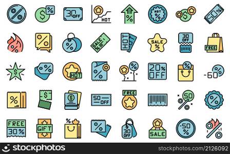 Promotional code icons set outline vector. Coupon discount. Percent price. Promotional code icons set vector flat