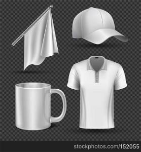 Promotional items, vector set mockup. Promotional accessory group flag cap and cup, illustration promotional corporate t-shirt. Promotional items, vector set mockup