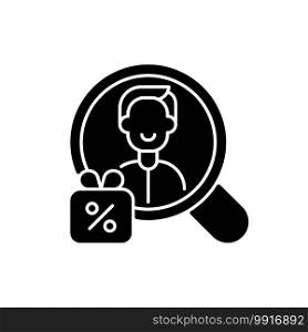 Promotional marketing black glyph icon. Type of marketing communication used to reach target audiences to promote product or service. Silhouette symbol on white space. Vector isolated illustration. Promotional marketing black glyph icon