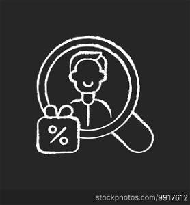 Promotional marketing chalk white icon on black background. Type of marketing communication used to reach target audiences to promote product or service. Isolated vector chalkboard illustration. Promotional marketing chalk white icon on black background