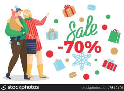 Promotional poster, 70 percent off reduction for season of holidays. Family shopping with kid. Presents in boxes with ribbon bows. Father holding kid on hands. Woman pointing on sale, vector. Sale 70 Percent Off Discount Family and Presents