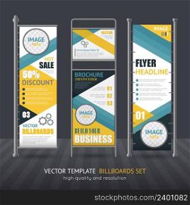 Promotional vertical billboard set performed in one style for company identity isolated vector illustration. Promotional Vertical Billboard Set