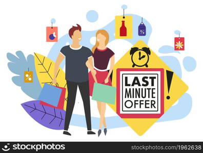 Promotions and sales in shops, last minute offer for shoppers and clients. Clearance and reduction of price, marketing and discount in shops, stores and markets. Vector in flat style illustration. Last minute offer, promotion and sales in shop