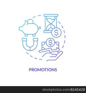 Promotions blue gradient concept icon. Customers engagement c&aign. Savings account service abstract idea thin line illustration. Isolated outline drawing. Myriad Pro-Bold font used. Promotions blue gradient concept icon