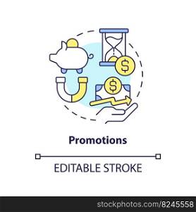 Promotions concept icon. Customers engagement c&aign. Savings account abstract idea thin line illustration. Isolated outline drawing. Editable stroke. Arial, Myriad Pro-Bold fonts used. Promotions concept icon