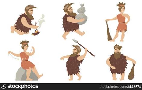 Promotive cave people set. Ancient man and woman controlling fire, carrying stones, hunting with spears and cudgel. For primitive people, anthropology, prehistoric period concept