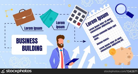 Prompt Banner Preparation for Business Building. Bearded Man in Suit Holds Folder and Smiles. Items for Financial Success. Cash Accumulation. Development Plan for Acquiring Profits.. Prompt Banner Preparation for Business Building.