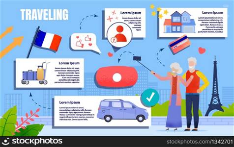 Prompt Banner Traveling is Written for Elderly. An Elderly Couple Walks along Street and Takes Selfie against Backdrop Attractions. Husband and Wife Rent Car for Travel. Vector Illustration.