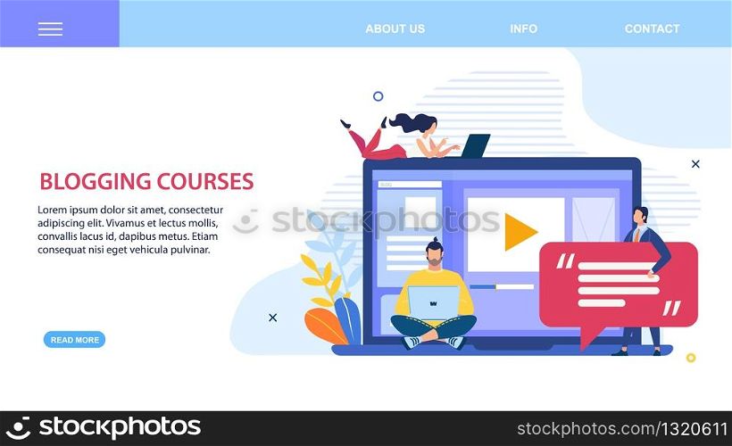 Prompt Flyer Inscription Blogging Courses Flat. On Big Screen Laptop is Girl. Man Brought Message. Marketing and Sales Training Without Prejudice to Oneself, Health and Family Cartoon.