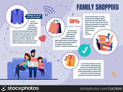 Prompt Poster Family Shopping, Shopping on Couch. Dad with Mom and Baby Sitting on Couch and Laughing. Man Looks at Laptop, Woman Looks at Smartphone. Girl Thinks about Gifts. Vector Illustration.. Prompt Poster Family Shopping, Shopping on Couch.