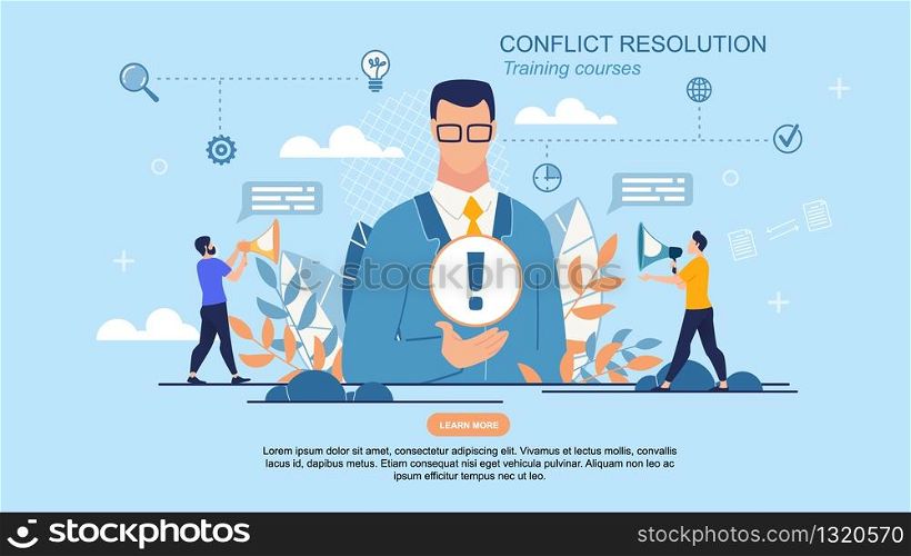 Prompt Poster it is Written Conflict Resolution. Close-up Man in Suit Presenting an Internet Product, next to Guys Talking in Loudspeaker. Course is Saturated with Valuable Material.