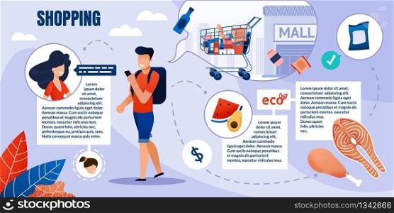 Prompt Poster, Shopping Eco Products in Mall. Guy with Backpack goes Down Street and Looks into Smartphone. Man Consults with Woman what Products to Buy at Mall. Vector Illustration.. Prompt Poster, Shopping Eco Products in Mall.