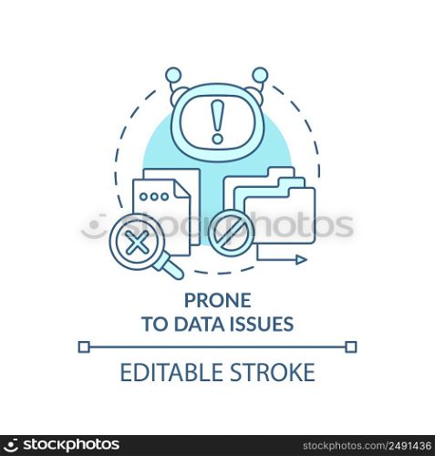 Prone to data issues turquoise concept icon. Drawback of machine learning abstract idea thin line illustration. Isolated outline drawing. Editable stroke. Arial, Myriad Pro-Bold fonts used. Prone to data issues turquoise concept icon