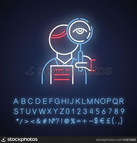 Proofreading service neon light icon. Professional proofreader. Text editing, mistake correction. Document translation quality control. Glowing alphabet, numbers. Vector isolated illustration