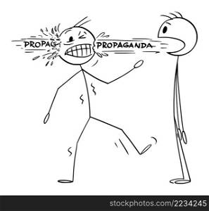 Propaganda from talking person going through head, vector cartoon stick figure or character illustration.. Person Talking Propaganda Through Another Person Head , Vector Cartoon Stick Figure Illustration