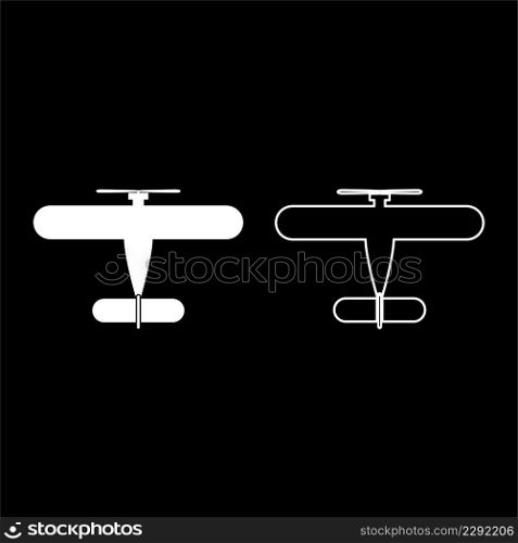 Propelier aircraft retro vintage small plane single engine set icon white color vector illustration image simple solid fill outline contour line thin flat style. Propelier aircraft retro vintage small plane single engine set icon white color vector illustration image solid fill outline contour line thin flat style