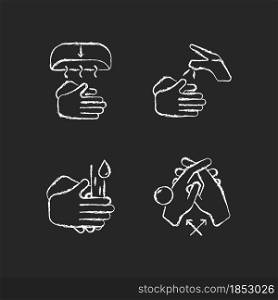 Proper handwashing chalk white icons set on dark background. Hand-drying method. Wetting hands with water. Rub palms together. Interlink fingers. Isolated vector chalkboard illustrations on black. Proper handwashing chalk white icons set on dark background