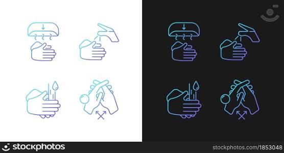 Proper handwashing gradient icons set for dark and light mode. Hand-drying method. Thin line contour symbols bundle. Isolated vector outline illustrations collection on black and white. Proper handwashing gradient icons set for dark and light mode