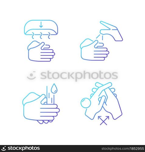 Proper handwashing gradient linear vector icons set. Hand-drying method. Wetting hands with water. Rub palms together. Thin line contour symbols bundle. Isolated outline illustrations collection. Proper handwashing gradient linear vector icons set