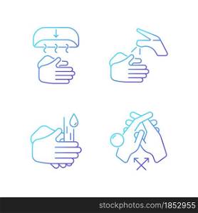 Proper handwashing gradient linear vector icons set. Hand-drying method. Wetting hands with water. Rub palms together. Thin line contour symbols bundle. Isolated outline illustrations collection. Proper handwashing gradient linear vector icons set