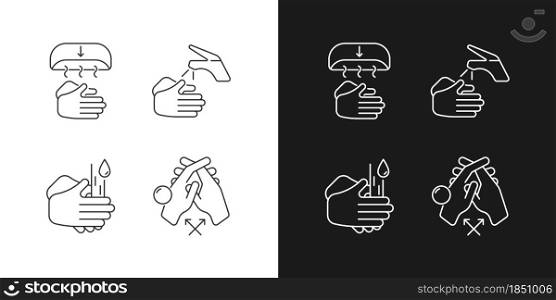 Proper handwashing linear icons set for dark and light mode. Hand-drying method. Wetting hands with water. Customizable thin line symbols. Isolated vector outline illustrations. Editable stroke. Proper handwashing linear icons set for dark and light mode