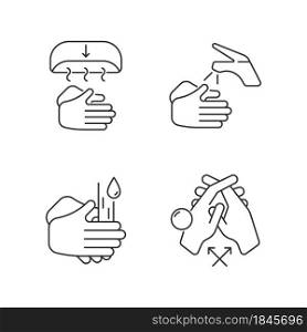 Proper handwashing linear icons set. Hand-drying method. Wetting hands with water. Rub palms together. Customizable thin line contour symbols. Isolated vector outline illustrations. Editable stroke. Proper handwashing linear icons set