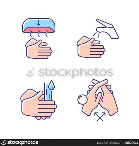 Proper handwashing RGB color icons set. Hand-drying method. Wetting hands with water. Rub palms together. Interlink fingers. Isolated vector illustrations. Simple filled line drawings collection. Proper handwashing RGB color icons set