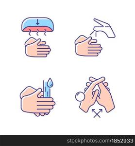 Proper handwashing RGB color icons set. Hand-drying method. Wetting hands with water. Rub palms together. Interlink fingers. Isolated vector illustrations. Simple filled line drawings collection. Proper handwashing RGB color icons set