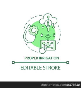 Proper irrigation green concept icon. Automated watering. Increased crop yield abstract idea thin line illustration. Isolated outline drawing. Editable stroke. Arial, Myriad Pro-Bold fonts used . Proper irrigation green concept icon