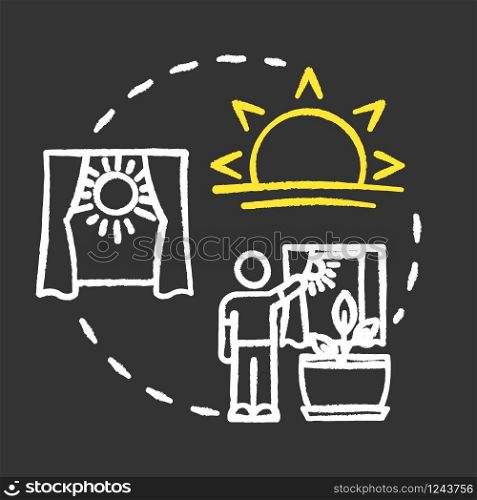 Proper lighting chalk RGB color concept icon. Home gardening. Photosynthesis. Herbs cultivating. Adequate sunlight idea. Vector isolated chalkboard illustration on black background