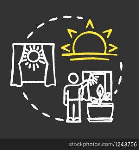 Proper lighting chalk RGB color concept icon. Home gardening. Photosynthesis. Herbs cultivating. Adequate sunlight idea. Vector isolated chalkboard illustration on black background