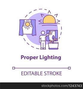 Proper lighting concept icon. Home gardening. Photosynthesis. Herbs cultivating. Adequate sunlight idea thin line illustration. Vector isolated outline RGB color drawing. Editable stroke