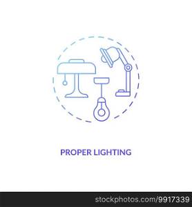 Proper lighting concept icon. Workplace design idea thin line illustration. Good lighting ergonomics at desk. Using indirect lighting sources. Vector isolated outline RGB color drawing. Proper lighting concept icon