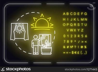 Proper lighting neon light concept icon. Home gardening. Photosynthesis. Herbs cultivating. Sunlight idea. Outer glowing sign with alphabet, numbers and symbols. Vector isolated RGB color illustration