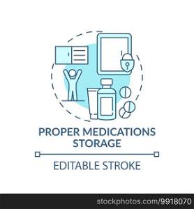 Proper medication storage turquoise concept icon. House security for kids. Home babyproofing. Child safety idea thin line illustration. Vector isolated outline RGB color drawing. Editable stroke. Proper medication storage turquoise concept icon