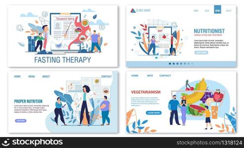 Proper Nutrition, Diet, Vegetarianism and Fasting Treatment Methods for Obese People. Trendy Flat Landing Page Design Set. Nutritionist Consultation. Medical Professional Approach. Vector Illustration. Proper Nutrition, Diet, Fasting Landing Page Set