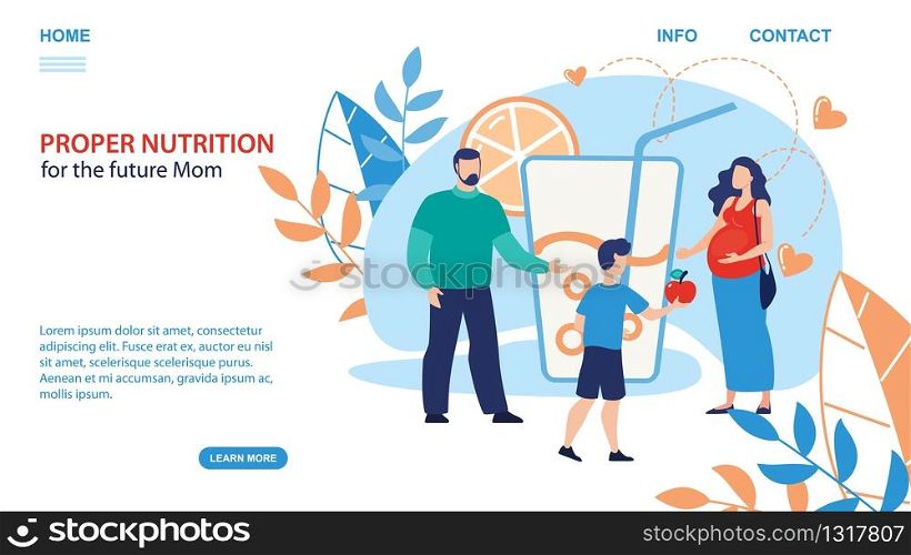 Proper Nutrition Recommendations for Future Mom, Dieting Service for Pregnant Trendy Flat Vector Web Banner, Landing Page Template. Family Waiting Childbirth, Taking Care for Mother Illustration