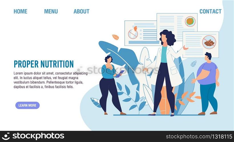 Proper Nutrition Selection. Cartoon Fat People and Nutritionist Dieting Expert. Personal Balanced Food Menu for Weight Lost. Flat Landing Page. Obesity and Healthcare. Vector Illustration. Proper Nutrition Selection Service Landing Page
