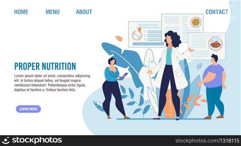 Proper Nutrition Selection. Cartoon Fat People and Nutritionist Dieting Expert. Personal Balanced Food Menu for Weight Lost. Flat Landing Page. Obesity and Healthcare. Vector Illustration. Proper Nutrition Selection Service Landing Page