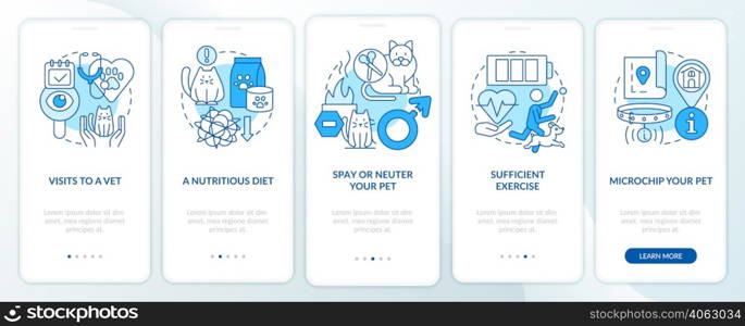 Proper pet care routine blue onboarding mobile app screen. Microchip walkthrough 5 steps graphic instructions pages with linear concepts. UI, UX, GUI template. Myriad Pro-Bold, Regular fonts used. Proper pet care routine blue onboarding mobile app screen