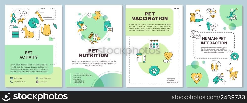 Proper pet care routine green brochure template. Human-pet interaction. Leaflet design with linear icons. 4 vector layouts for presentation, annual reports. Arial-Bold, Myriad Pro-Regular fonts used. Proper pet care routine green brochure template