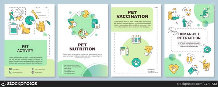 Proper pet care routine green brochure template. Human-pet interaction. Leaflet design with linear icons. 4 vector layouts for presentation, annual reports. Arial-Bold, Myriad Pro-Regular fonts used. Proper pet care routine green brochure template