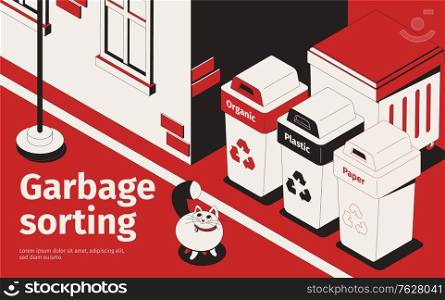 Proper recycling waste sorting garbage bins for paper plastic compost outdoor isometric red white black vector illustration