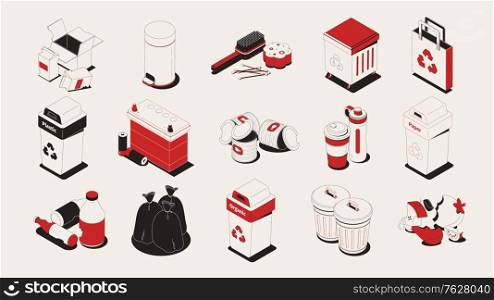 Proper recycling waste sorting garbage set isometric red white black vector illustration. Garbage and Recycling Isometric Set