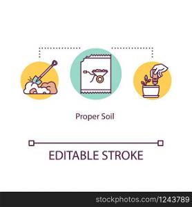 Proper soil concept icon. Soil pH levels, acidity test. Choosing earth. Gardening. Ground ploughing. Planting idea thin line illustration. Vector isolated outline RGB color drawing. Editable stroke