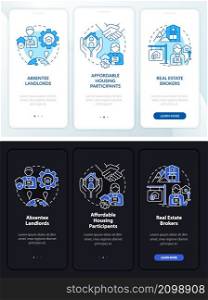 Property agency night and day mode onboarding mobile app screen. Clients walkthrough 3 steps graphic instructions pages with linear concepts. UI, UX, GUI template. Myriad Pro-Bold, Regular fonts used. Property agency night and day mode onboarding mobile app screen