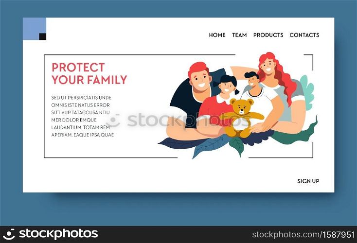 Property and health insurance, protect your family landing web page template vector. Hospital services and life protection, healthcare and medical hel. Providing security, treatment and payment. Health and property insurance, protect your family landing web page