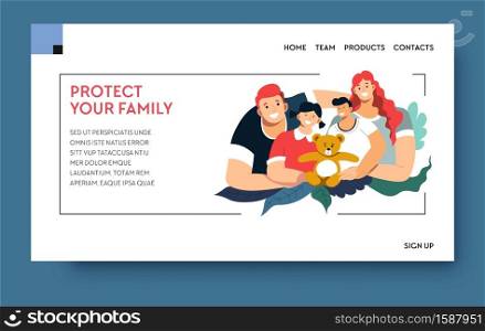 Property and health insurance, protect your family landing web page template vector. Hospital services and life protection, healthcare and medical hel. Providing security, treatment and payment. Health and property insurance, protect your family landing web page