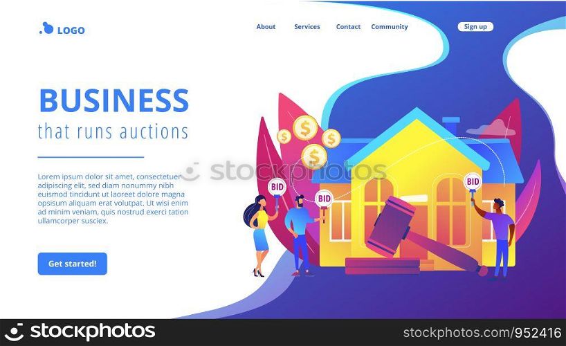 Property buying and selling. Auction house, exclusive bids here, consecutive biddings processing, business that runs auctions concept. Website homepage landing web page template.. Auction house concept landing page.